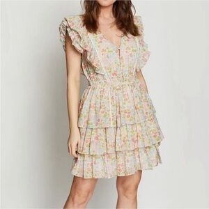 Love The Label Tiered Ruffle Cotton Dress Size Large Floral Ivory Pastel New NWT